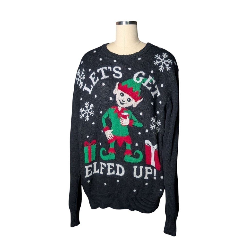 Christmas Festive Elf Graphic Sweater Black Red Green White Hybrid Holiday Xmas